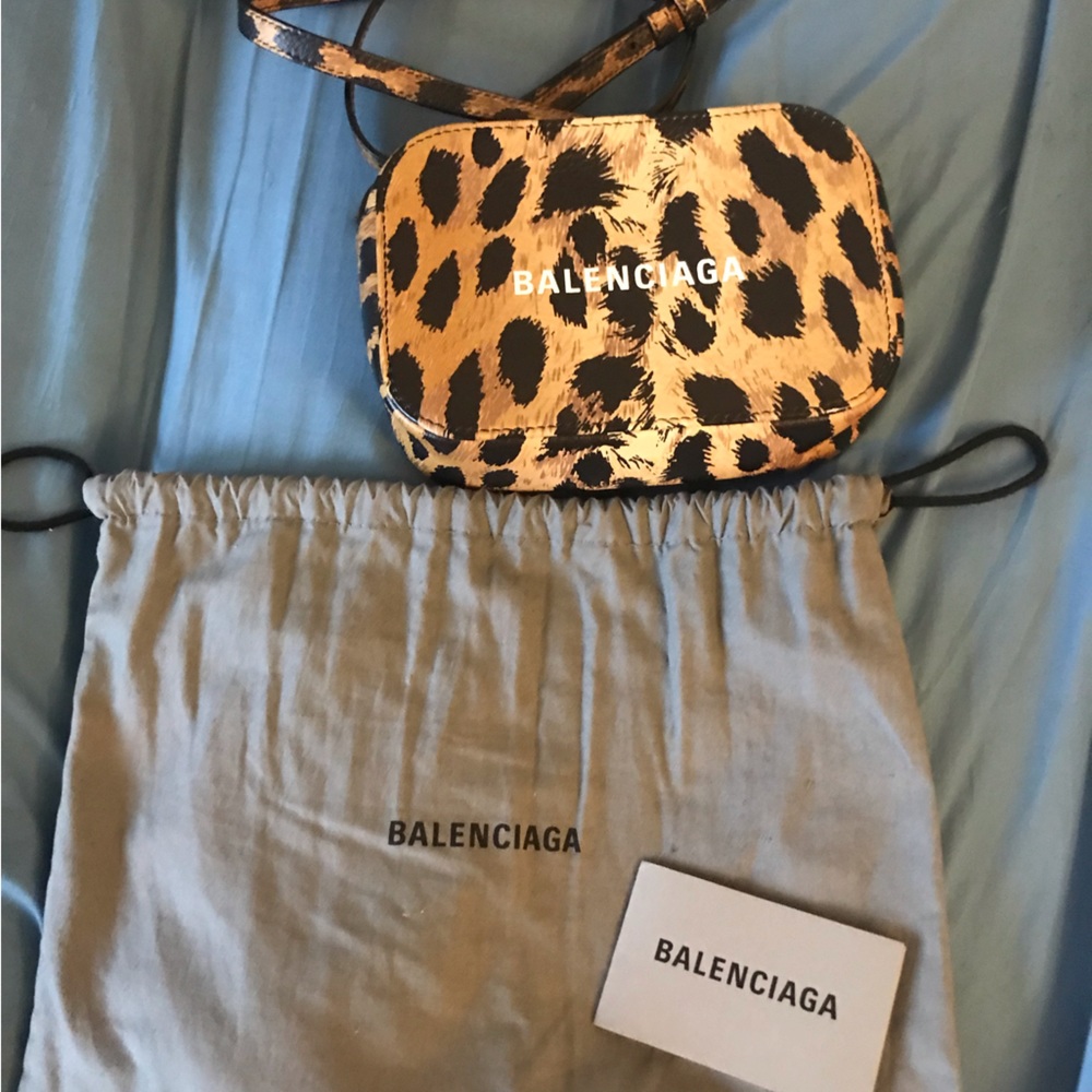 Balenciaga Calfskin Logo Printed Leopard XS Everyday Camera Bag Brand New